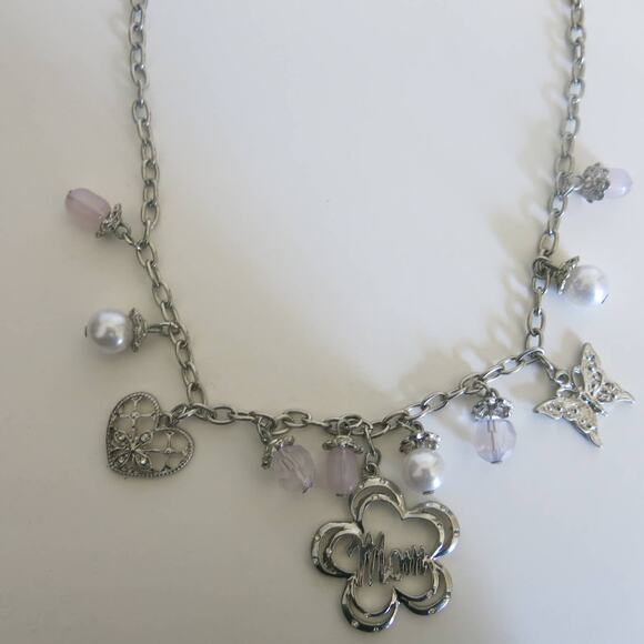 MOM Charm Necklace/Pierced Earring Set Silver Tone Mothers Day Heart "Pearls" - Picture 4 of 14